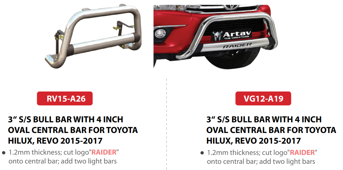 3“ S/S BULL BAR WITH 4 INCH OVAL CENTRAL BAR FOR TOYOTA HILUX, REVO 2015-2017