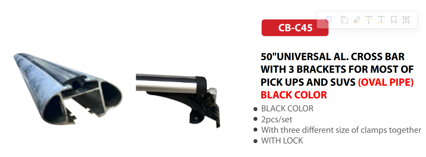 50"UNIVERSAL AL. CROSS BAR WITH 3 BRACKETS FOR MOST OF PICK UPS AND SUVS (OVAL PIPE) BLACK COLOR