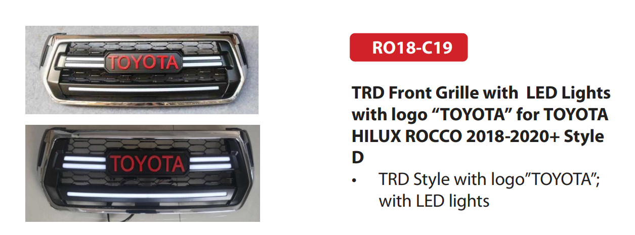 TRD Front Grille with LED Lights with logo “TOYOTA” for TOYOTA HILUX ROCCO 2018-2020+ Style D
